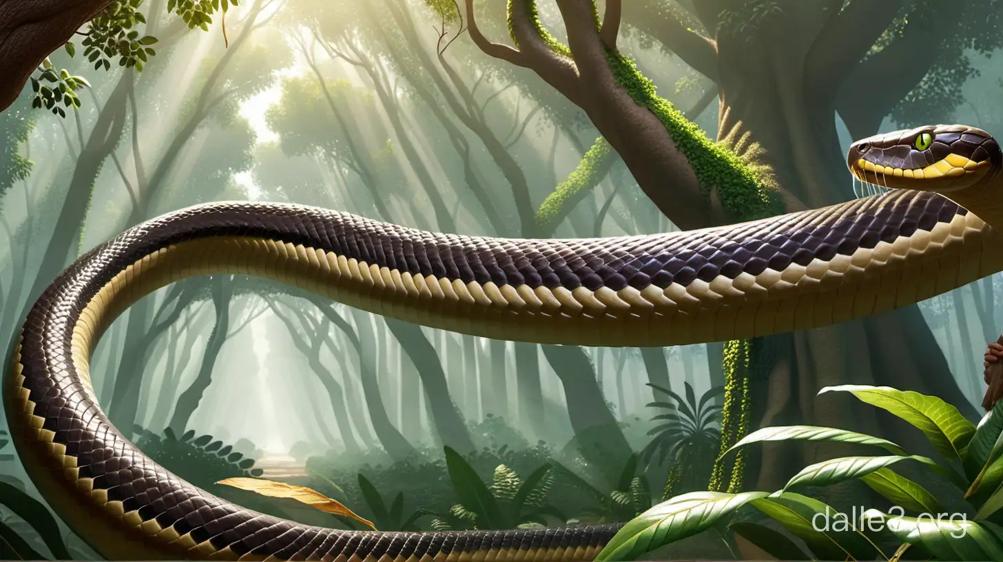 Eocene, jungle, India, a giant snake 50 feet long on a tree in the forest