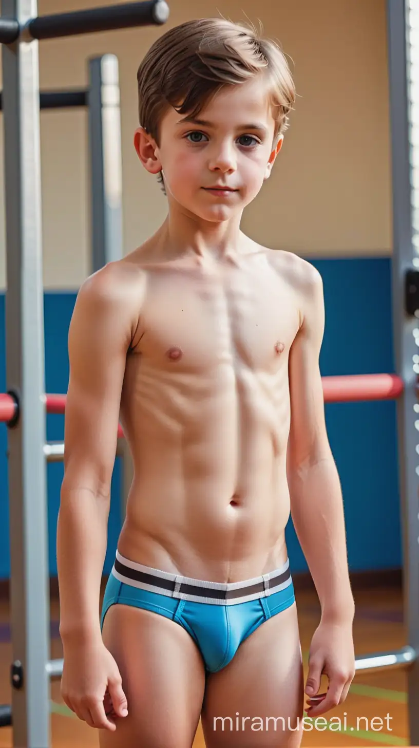Niño europeo delgado de 8 años usando jockstrap en el gimnasio de la escuela 
Version vintage 