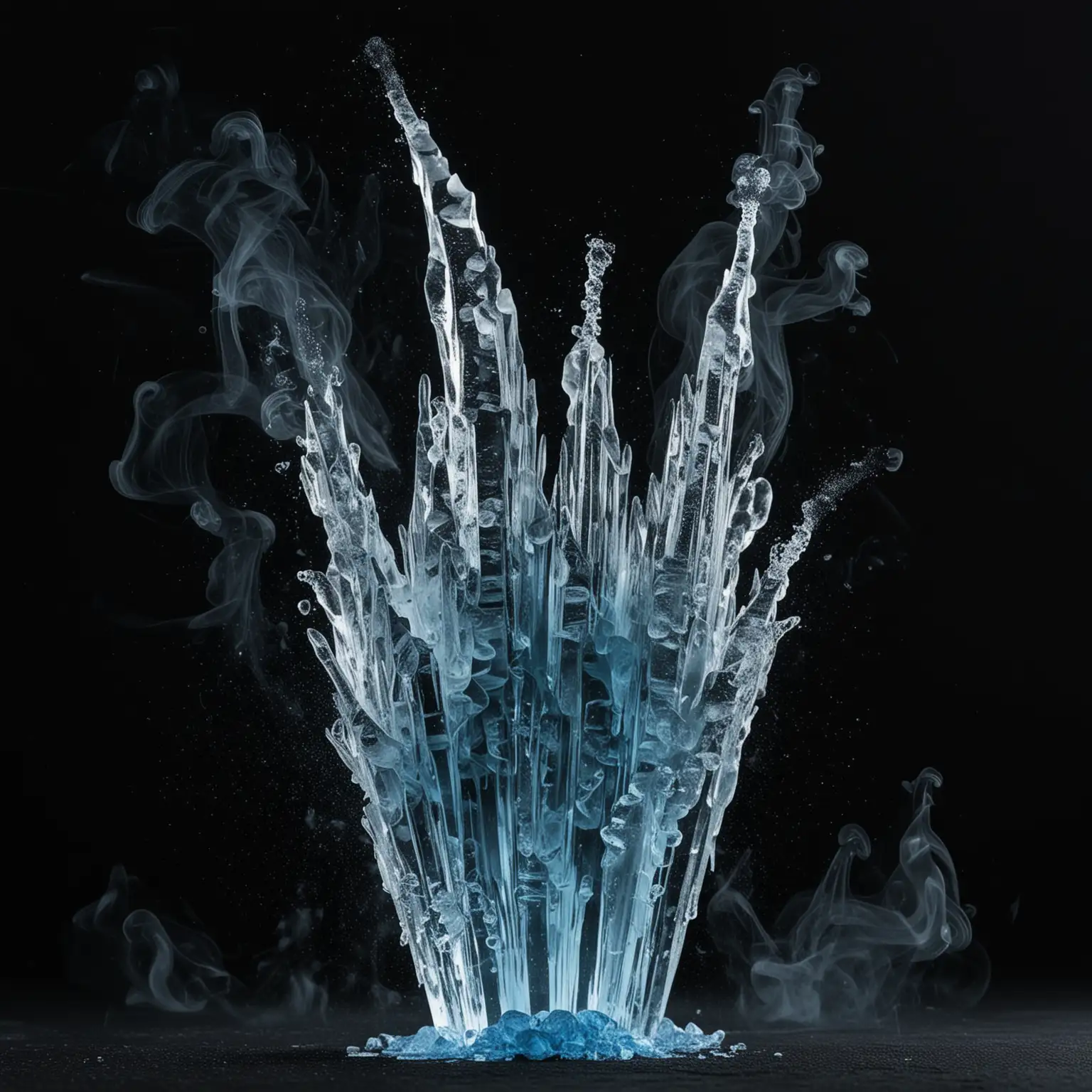 ice spikes against black background with blue smoke 