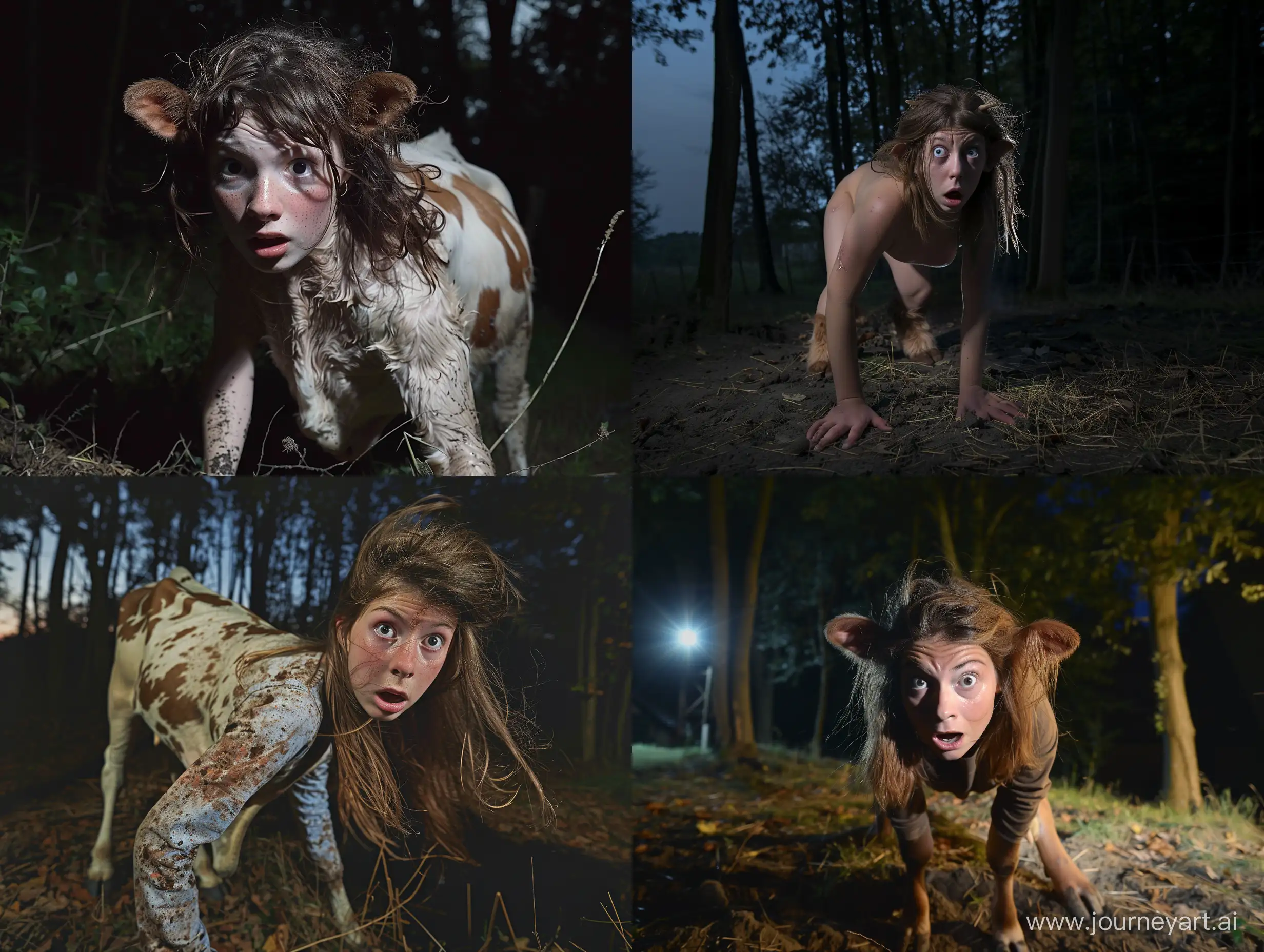 A young woman with loose brown hair, who has been transformed into a cow. The photo is taken while the transformation is almost completed. She is standing on all fours in a forest at night. She has a scared expression. Realistic photograph, full body picture