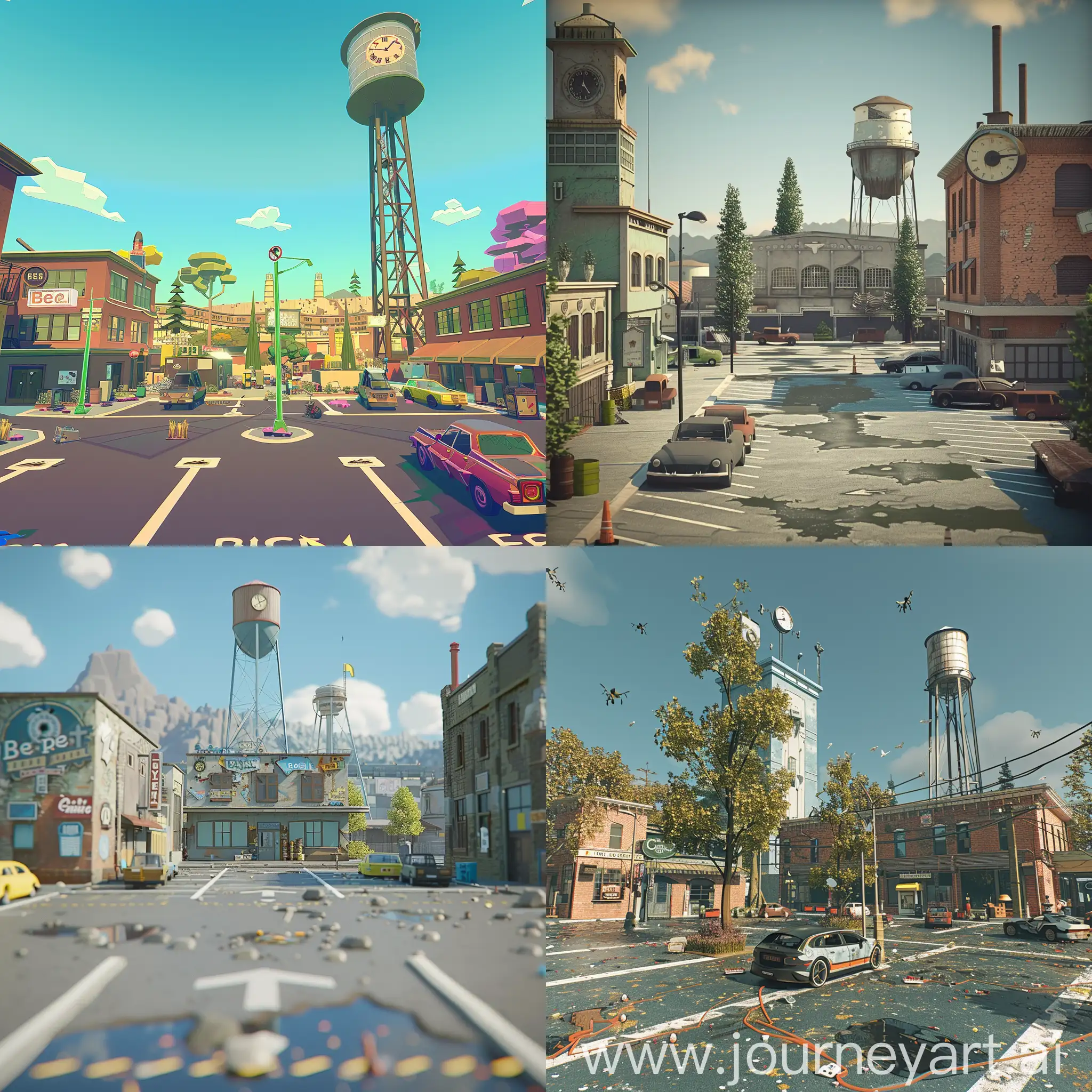 a computer generated image of a parking lot with a water tower in the background and a building with a clock on it, 3 d, serial art, Beeple, a screenshot