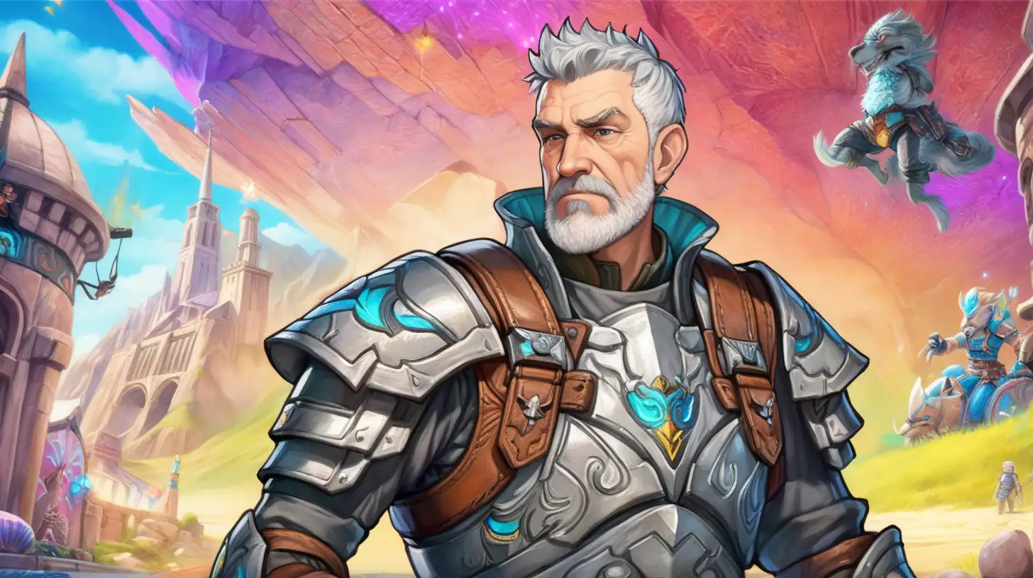 white middle aged man smuggler with very short grey hair and a very short grey beard, with no other people in the image, in sleeveless leather armor, with a very colorful fantasy background set in the video game wayfinder