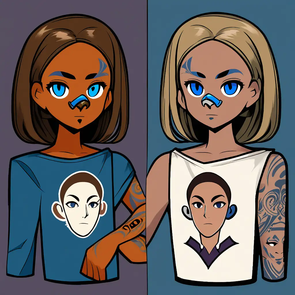 make an animated persona logo for a writer, clavicle length brown hair, slate blue eyes, Portuguese skin tone, eyebrow slit in left eyebrow, septum nose ring, wing neck tattoos, full sleeve tattoo on left arm