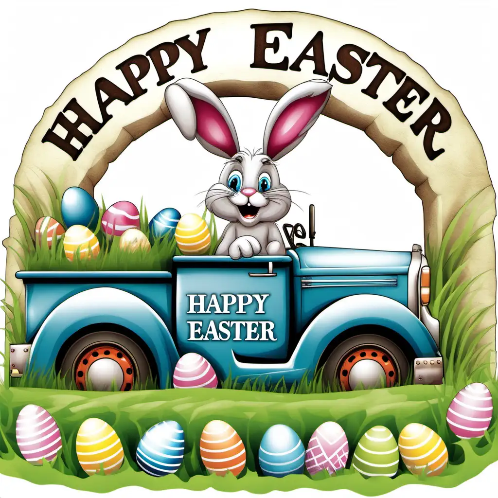 happy easter, arched lettters, easter bunny, truck, no background