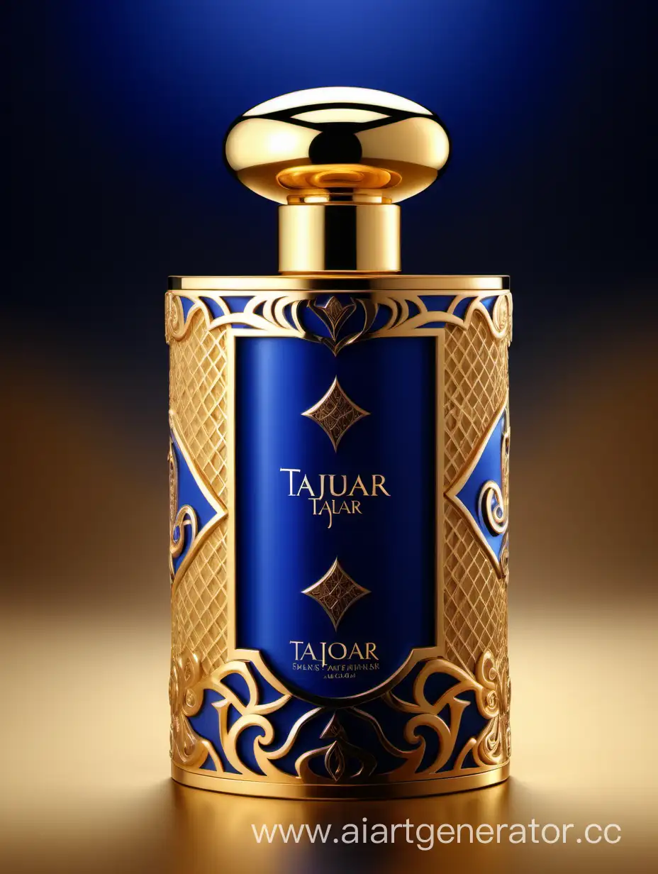 Box package design of perfume TAJDAR product, elegant, trending on artstation,   sharp focus,   studio photo,   intricate details,   highly detailed,   gold, Royal Blue and beige color on gold background