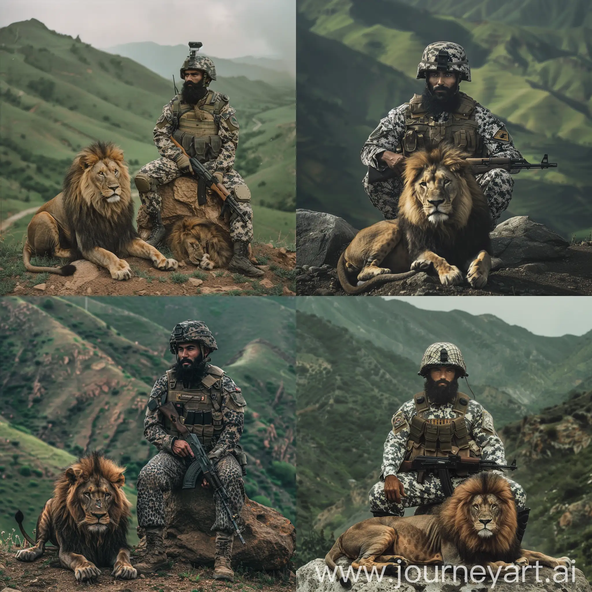 A soldier from a front view angle, wearing a spotted military uniform, with a black beard, wearing a helmet on his head, sitting on a rock, looking to the right, holding a Kalashnikov in his hands, placing it on his thighs. He sits on the ground in front of the soldier, a lion, sideways, and the lion looks forward.  In the background are green mountains.