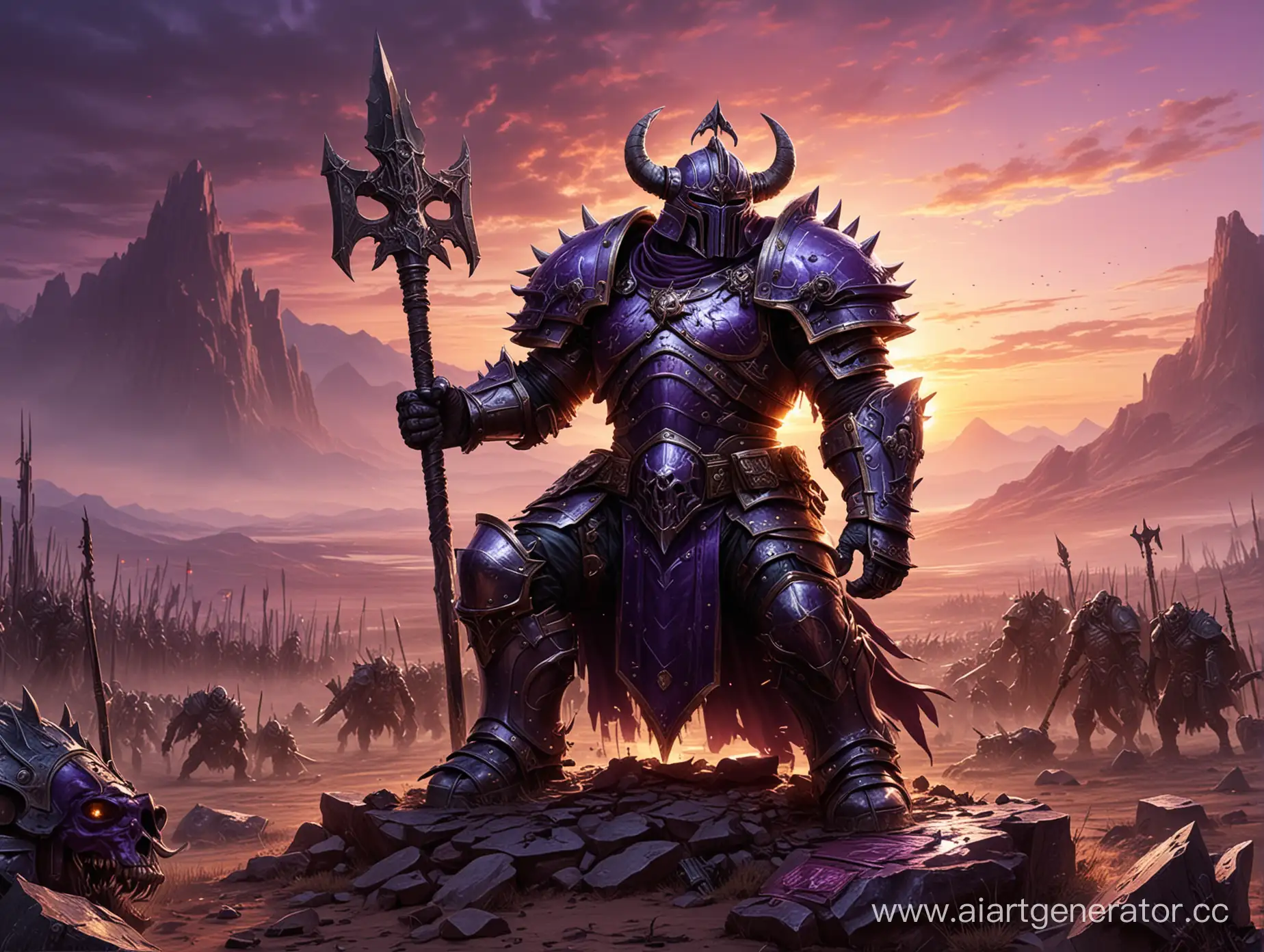 Chaos-Warrior-in-Shiny-Armor-Kneeling-at-Battlefield-Purple-Sunset