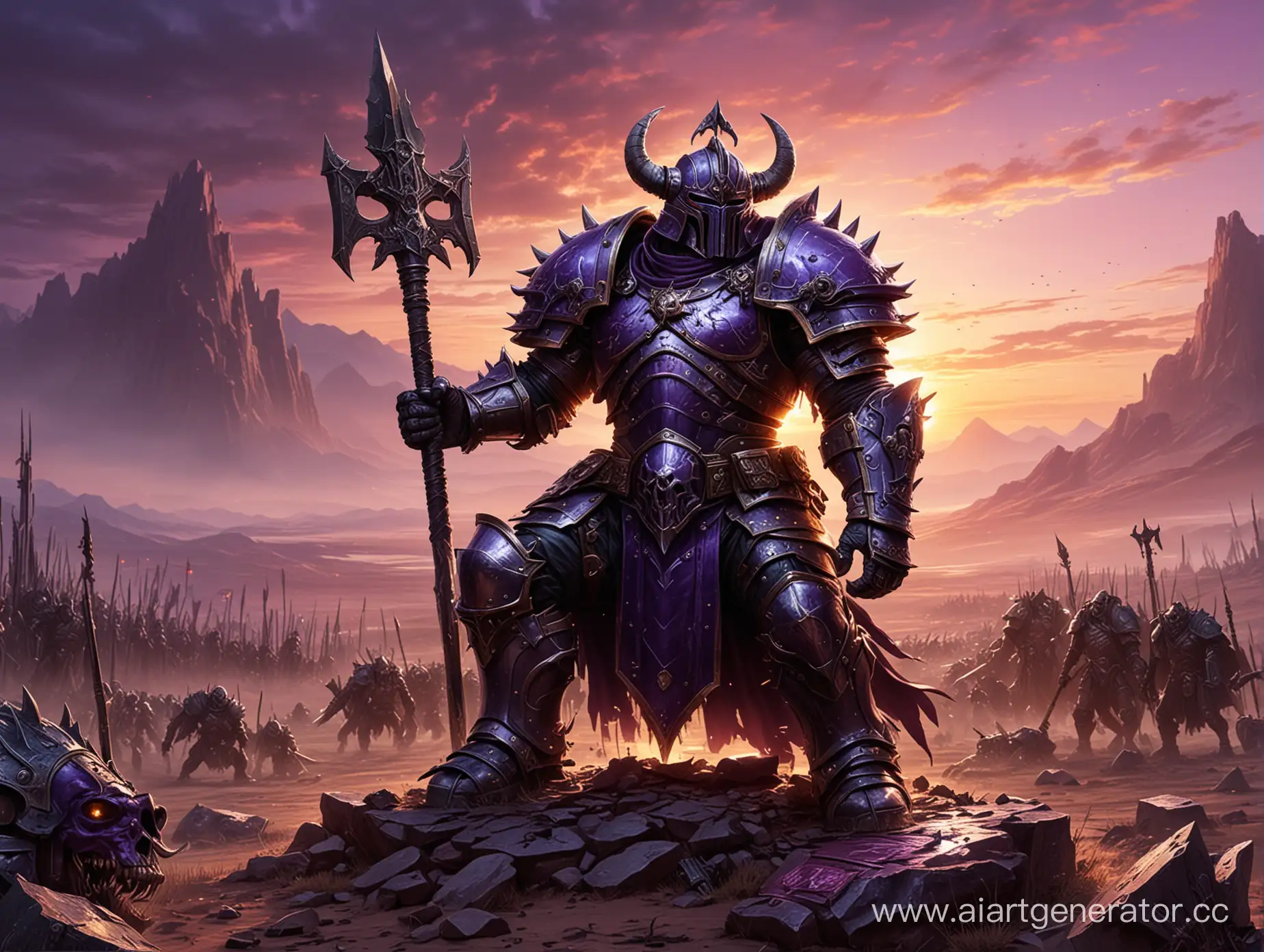 Chaos Warrior (Warhammer Fantasy Battle) art . in massive shiny armor with the sign of chaos. He is on his knees. tДыра в груди 
Battlefield purple sunset.