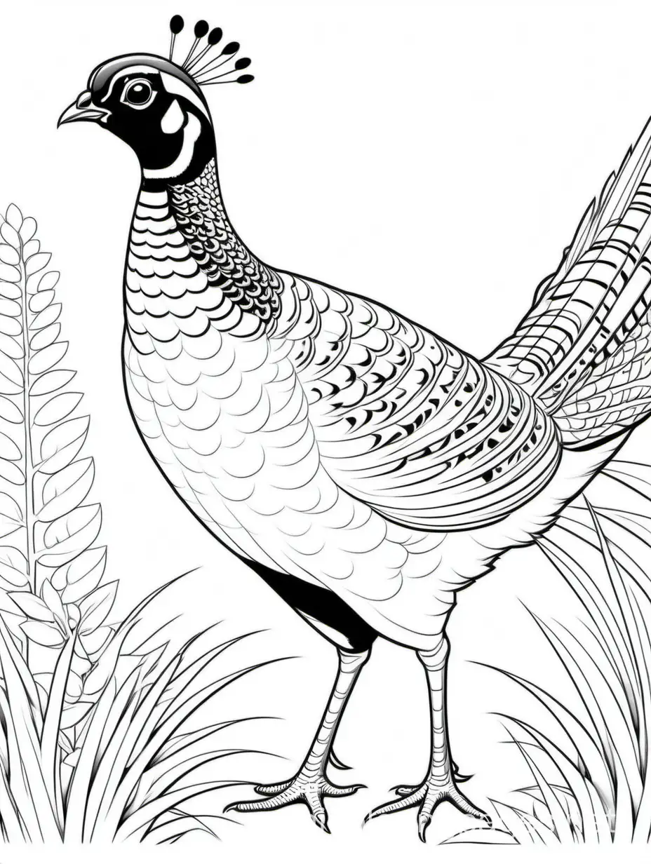 Ring-necked Pheasant, Coloring Page, black and white, line art, white background, Simplicity, Ample White Space. The background of the coloring page is plain white to make it easy for young children to color within the lines. The outlines of all the subjects are easy to distinguish, making it simple for kids to color without too much difficulty