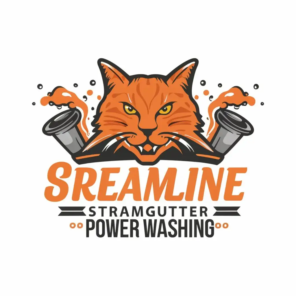LOGO-Design-For-Streamline-Gutters-and-Power-Washing-Orange-Cat-with-Typography-for-Construction-Industry