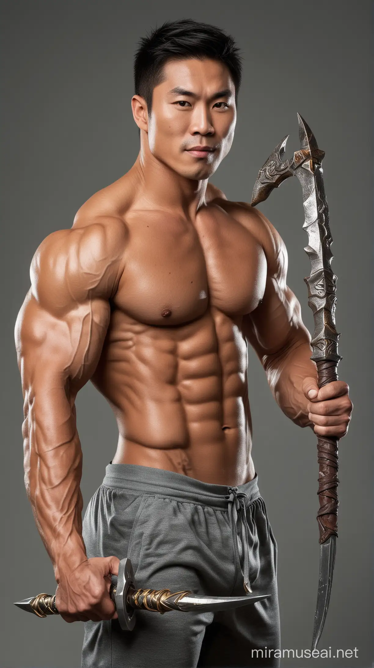 Muscular Asian Bodybuilder Holding Trident in Arena