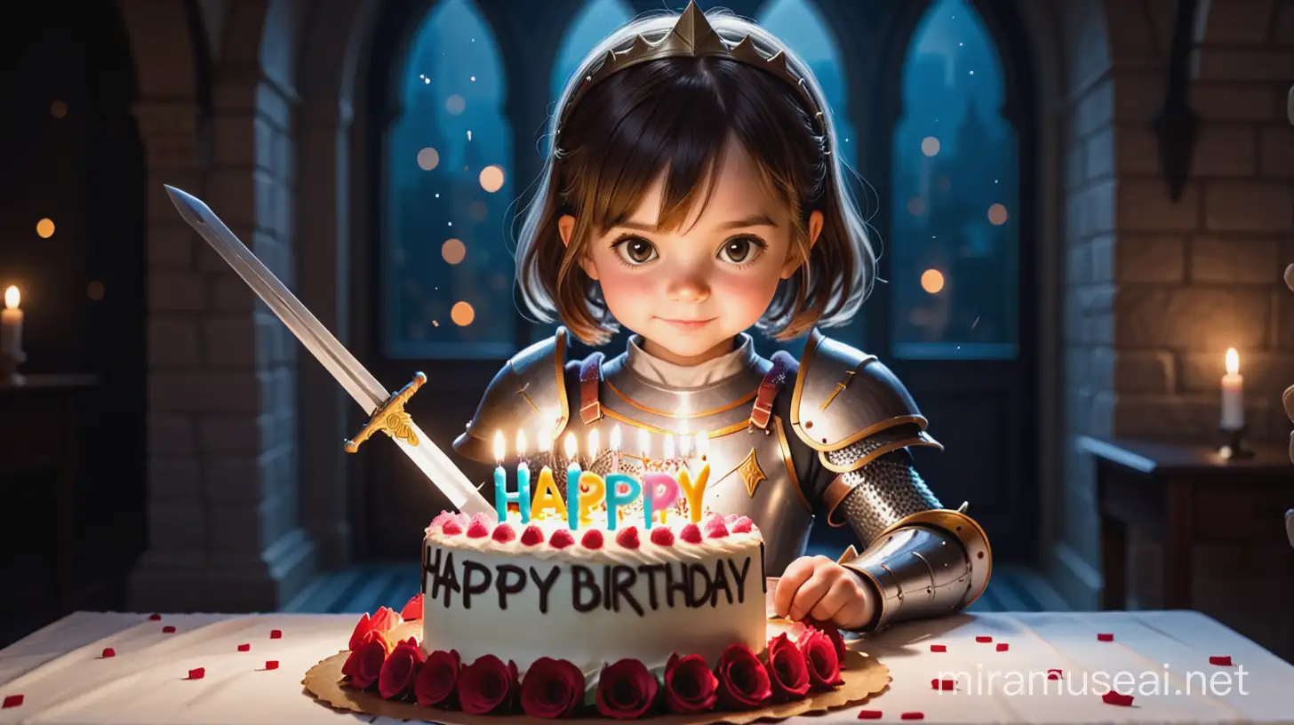 a small girl in armor, with her sword cuts a birthday cake on which is written Happy Birthday Vassy, hd, dramatic lighting, detailed