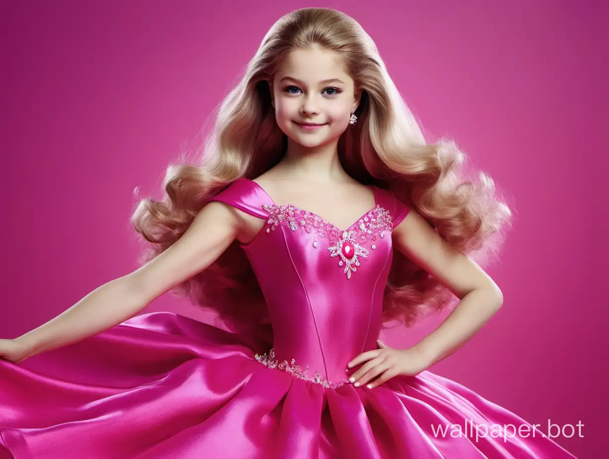 Yulia Lipnitskaya with long silky hair smiles and dressed as Barbie in pink fuchsia silk dress