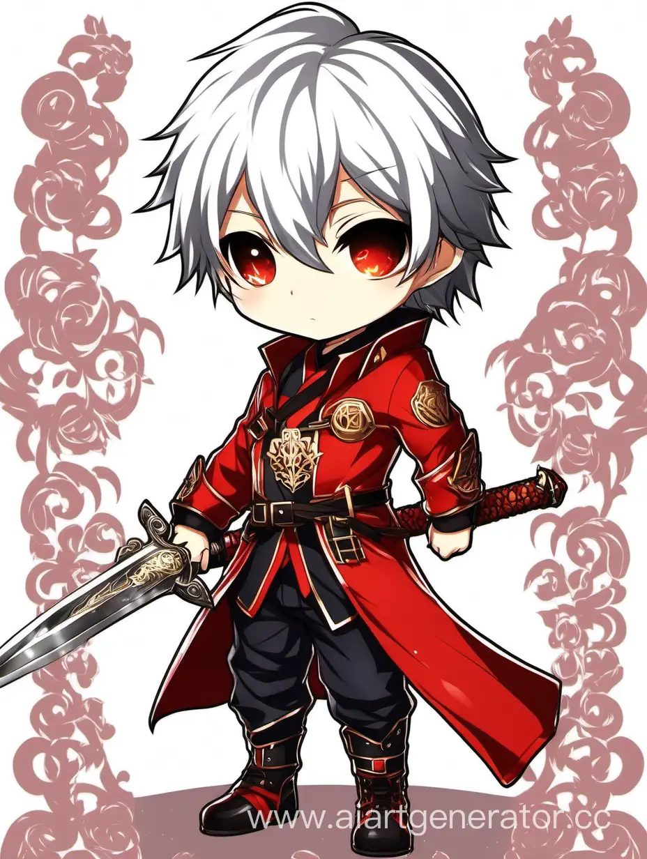 Chibi is a boy with a sword and a red suit with white hair