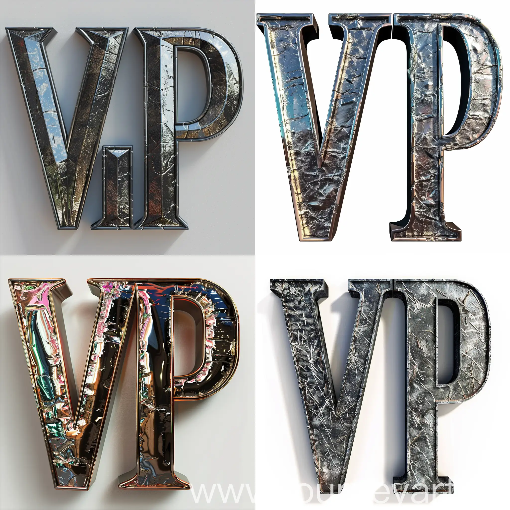 Нарисуй 3d большие буквы V I P с металлической текстурой 