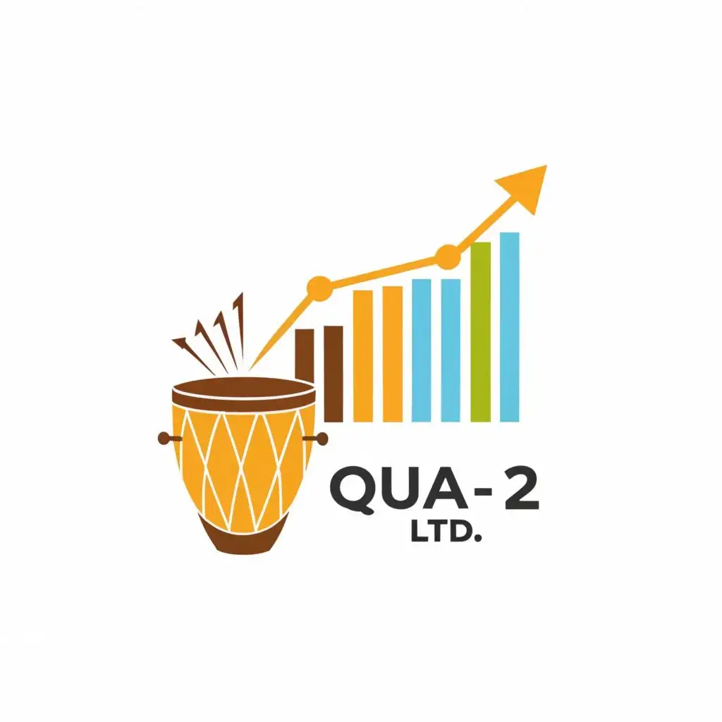 logo, African drum and a chart and graph with up trending numbers, with the text "Qua-2 Ltd.", typography, be used in Finance industry