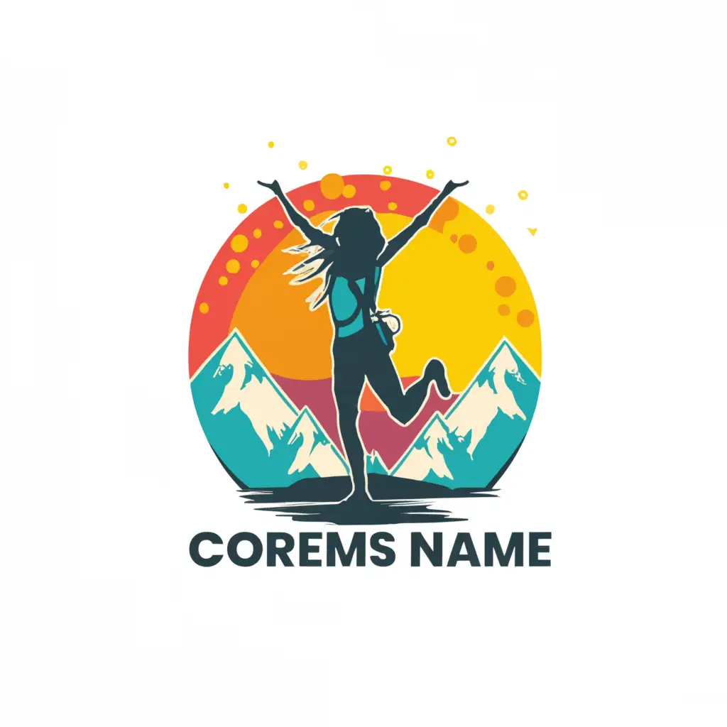 LOGO-Design-For-Mountain-Dance-Adventures-Vibrant-Girl-with-Backpack-Dancing-Under-Sunny-Skies