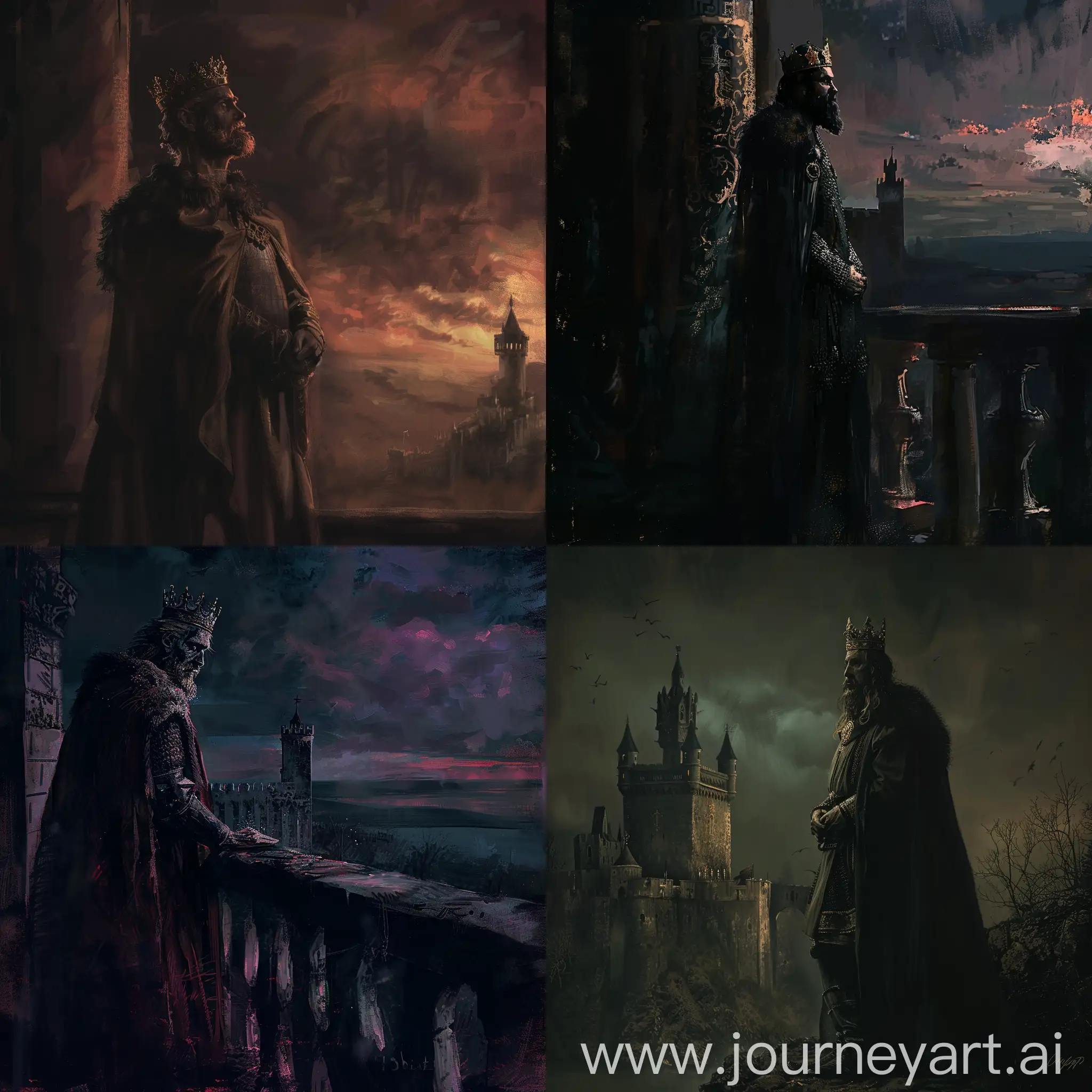 Digital painting of Alfred the Great, standing at his palace, wearing king robe, crown and cape, dark painting, dark colors