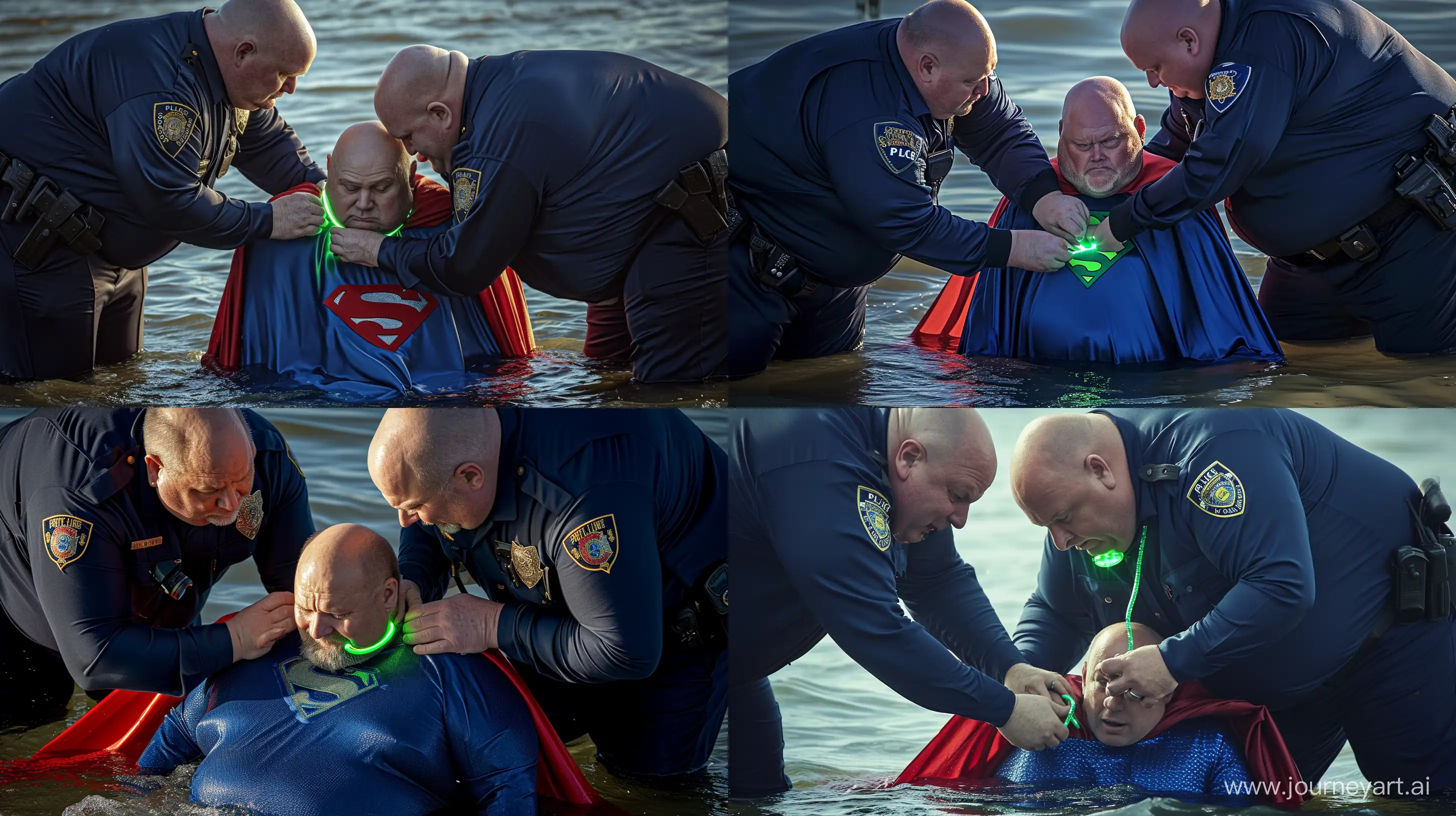 Highly detailed close-up photo of two chubby man aged 60 wearing a long-sleeved silky navy police uniform, bending over and tightening a green glowing small short dog collar on the neck of another chubby man aged 60 sitting in the water and wearing a blue silky superman costume with a large red cape. Outside. Natural Light. Bald. Clean Shaven. --style raw --ar 16:9 --v 6