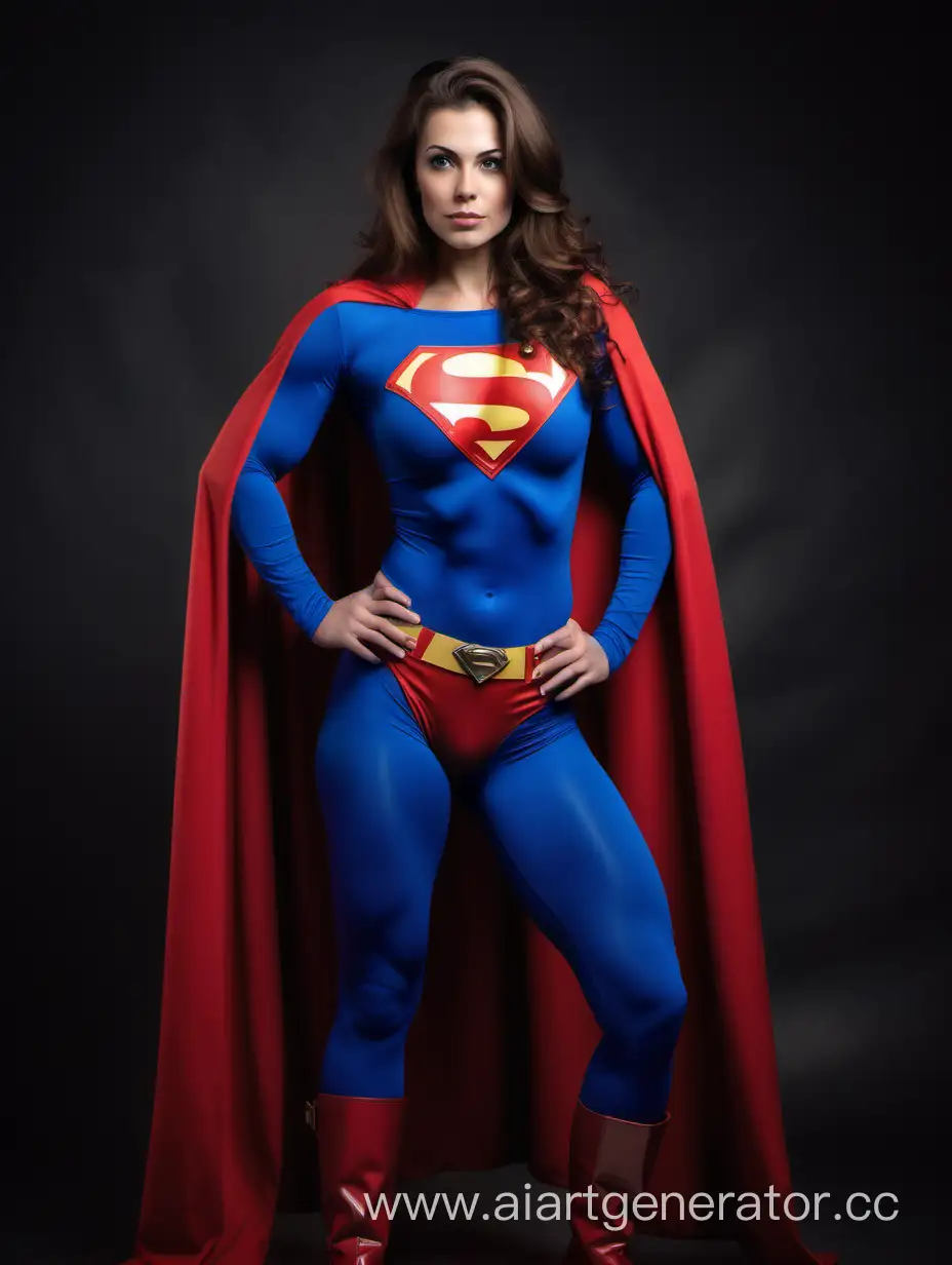 A pretty woman with brown hair, age 27. She is confident and strong. She is extremely muscular. Her arm muscles are over overdeveloped. Her leg muscles are over overdeveloped. Her chest muscles are over overdeveloped. Her abdominal muscles are over overdeveloped. She is wearing a Superman costume with blue leggings, long sleeves, red briefs, red boots, and a long flowing cape. She is posed like a superhero, strong and powerful. Enormous muscles expand beneath her costume. 
Bright photo studio.
