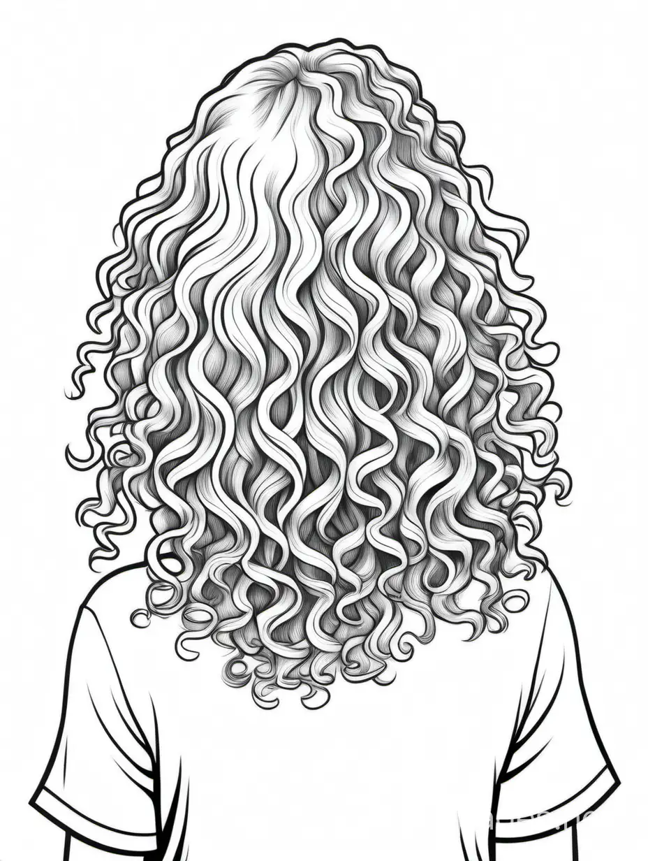 tween GIRL with  medium curly hair from behind, Coloring Page, black and white, line art, white background, Simplicity, Ample White Space. The background of the coloring page is plain white to make it easy for young children to color within the lines. The outlines of all the subjects are easy to distinguish, making it simple for kids to color without too much difficulty