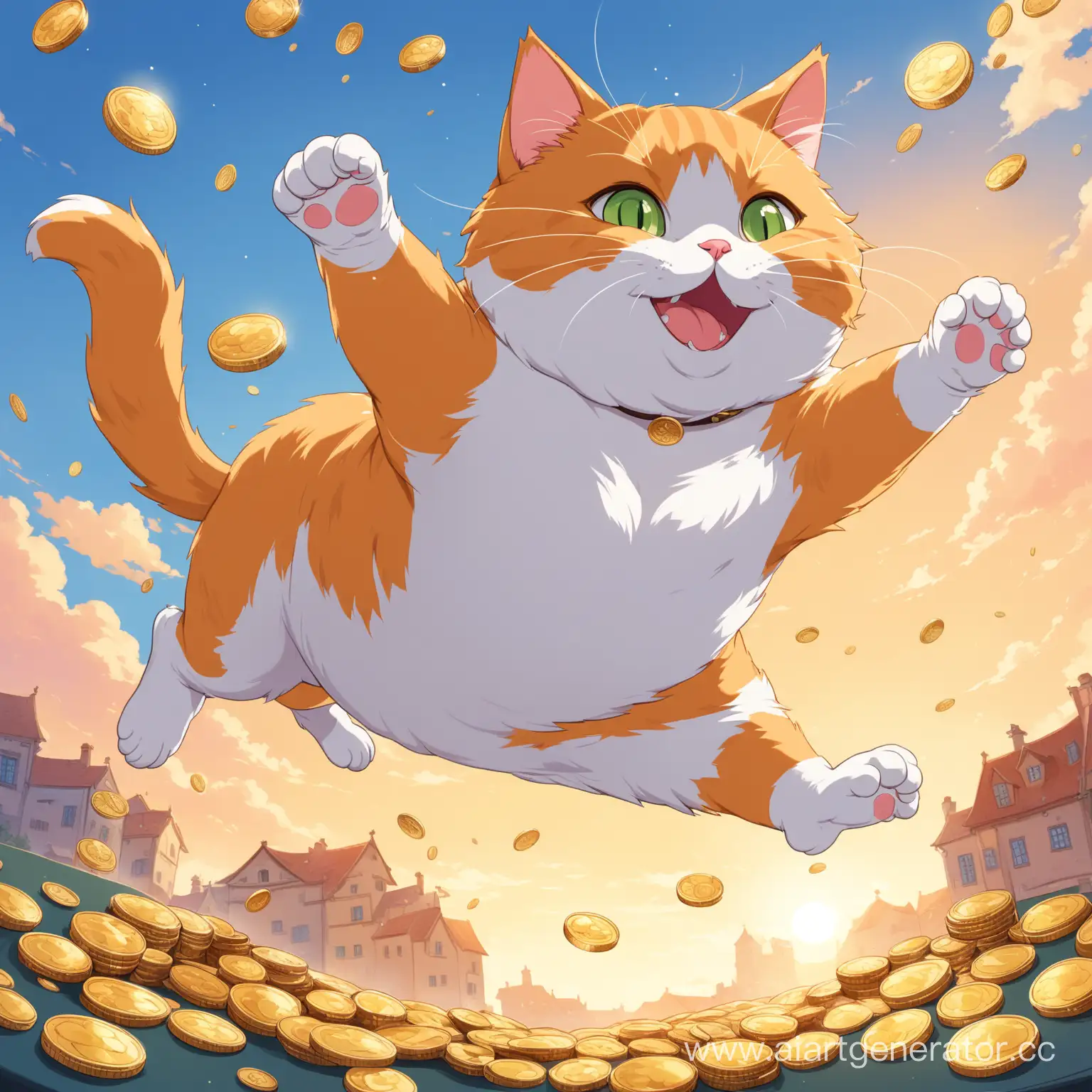 толстый кот прыгает за красивой монеткой


