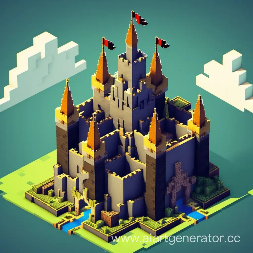 Игрок строищий большой замок, логотип для сервера, майнкрафт
