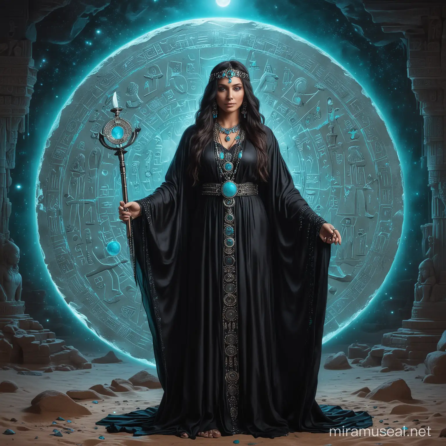 Goddess of dark magic. Wearing a black kaftan, and silver jewellery. Holding a staff in one hand and an orb of turquoise blue light on the other. Standing behind a lunar disc, the edges of the disc bearing hieroglyphic symbols.