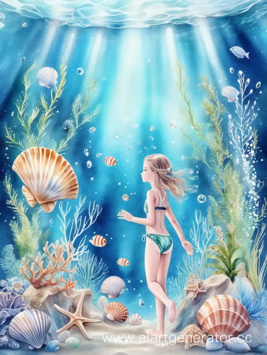 Girl-Swimming-in-Sparkling-Watercolor-Aquarium-with-Seashells-and-Algae