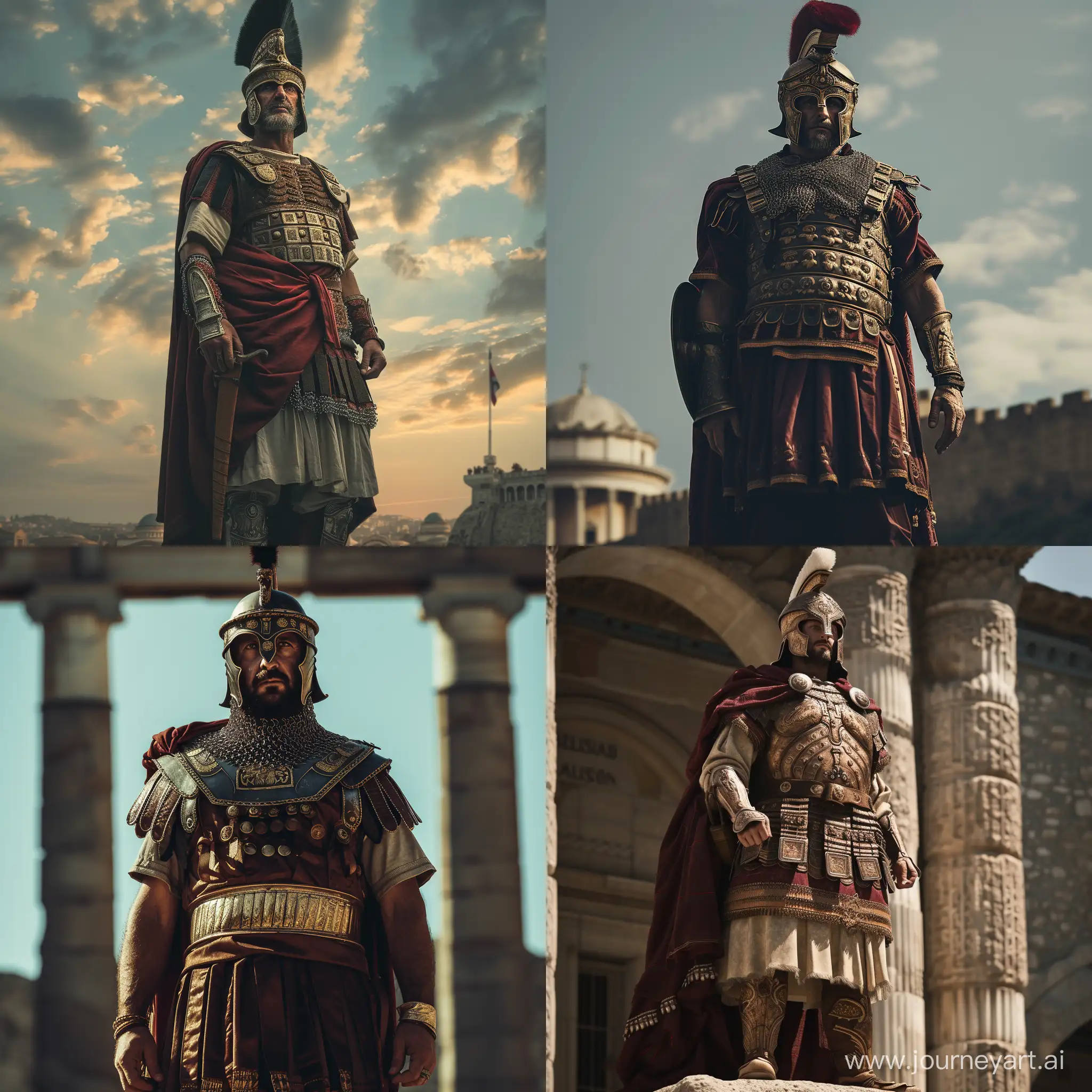 Byzantine General Belisarius standing tall at Constantinople. He is wearing his General attire and helmet. He seems proud and brave. Realistic image.