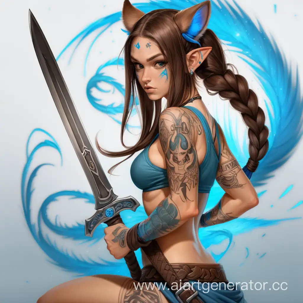 Девочка с голубыми символами и татуировками на теле с длинными коричнивыми волосами хвостом и ушами дереться на мечах