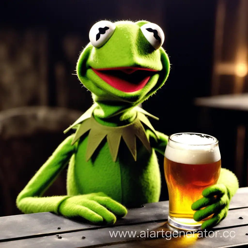 Kermit tiene un bicchiere di birra in una mano e beve una birra con l'altra