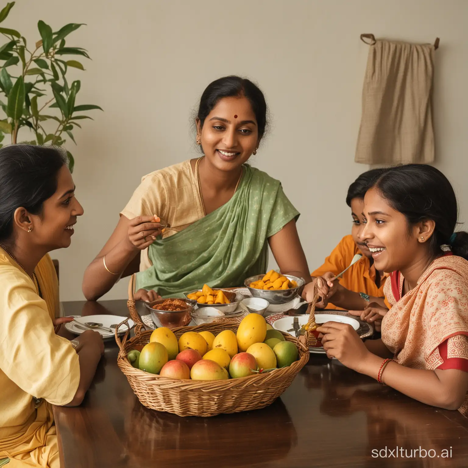 A south indian family is sitting in the dining table. The dining table has a basket of mangoes. The family is eating mangoes.
