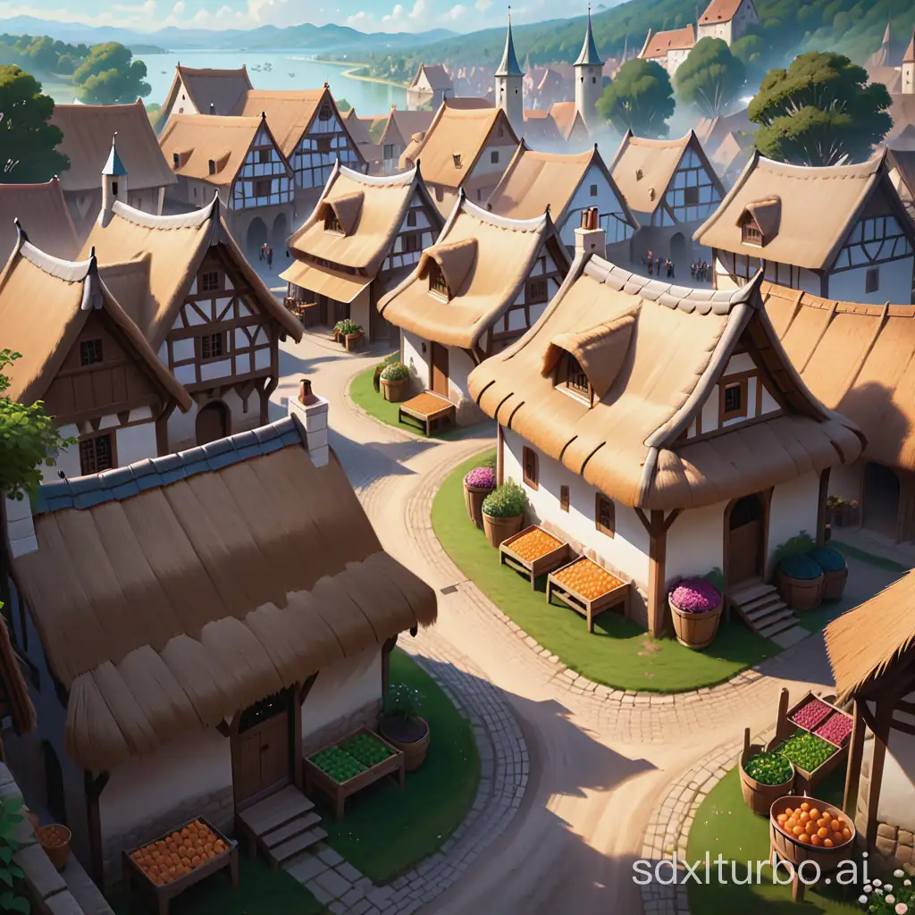 Isometric digital art of a medieval village with thatched roofs, a market square, and townsfolk, intricate, very very beautiful, elegant, digital painting, artstation, concept art, smooth, sharp focus, illustration, art by artgerm and greg rutkowski and alphonse mucha and william - adolphe bouguereau