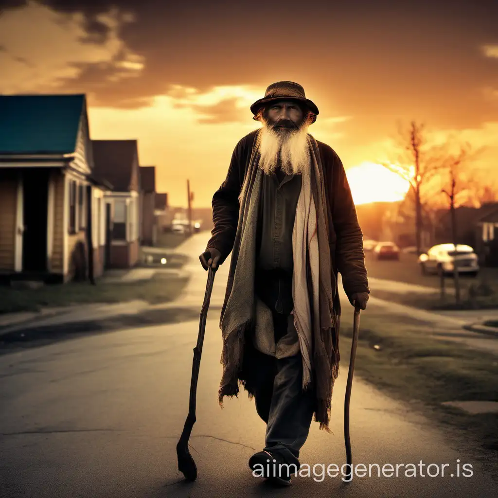 Un homme de 50 ans avec le visage caché par un chapeau et une longue barbe, vêtu de haillons, qui marche avec un bâton au coucher du soleil. Une petite ville en arrière plan.