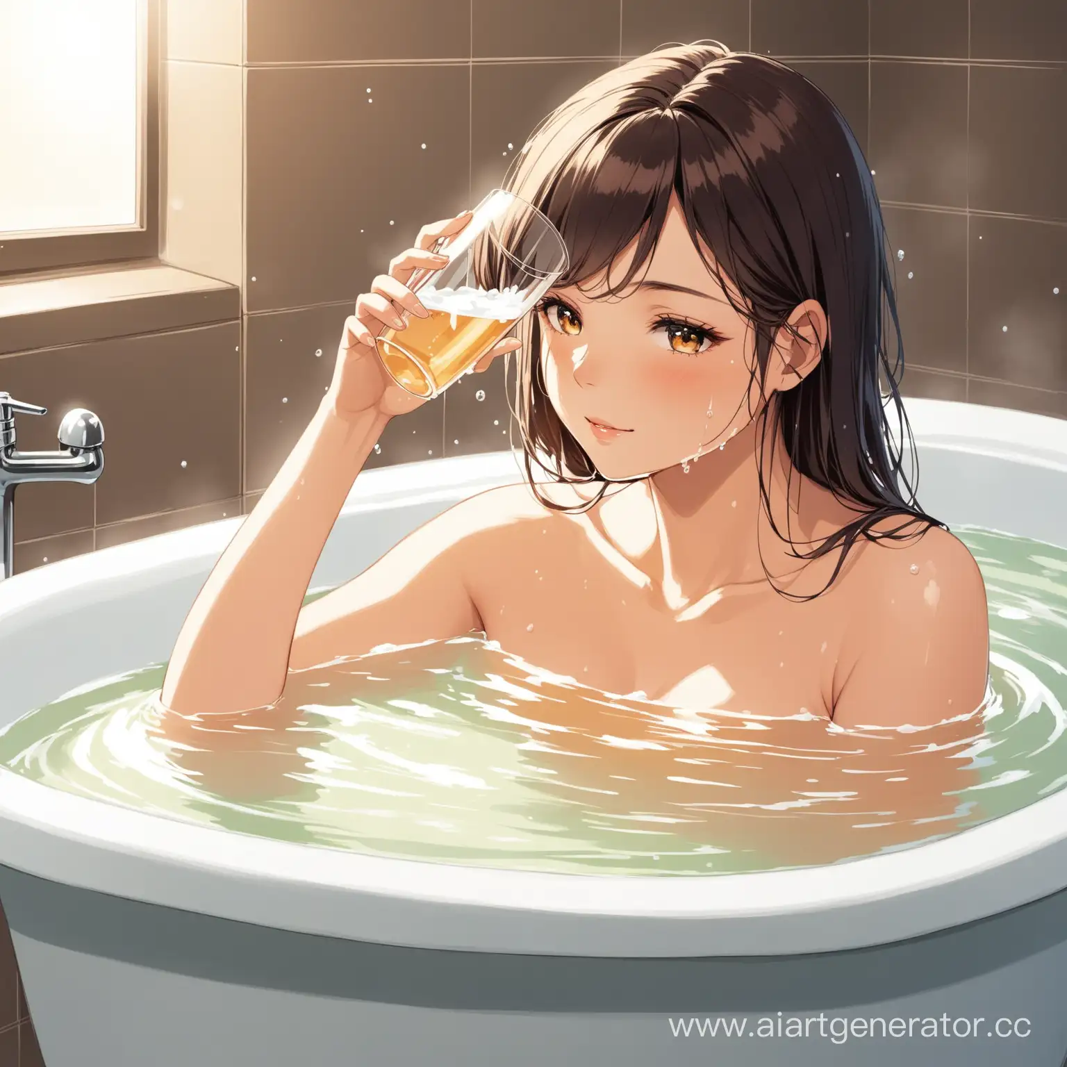 Девушка с бокалом принимает ванну