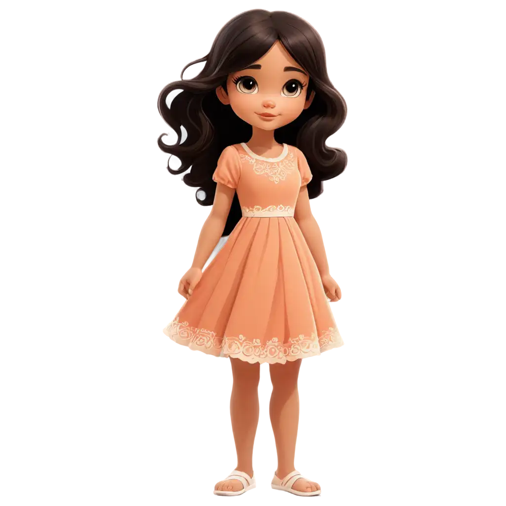 Cartoon for kids book of a beautiful little girl with black hair and light brown eyes, light skin, innocent looking, wearing a dress and no shoes, her dress looks like from 70"s. The style of the drawing is cartoon. 