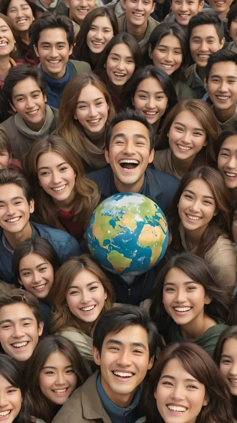 Lot of people siting on earth smiling,  detail face 