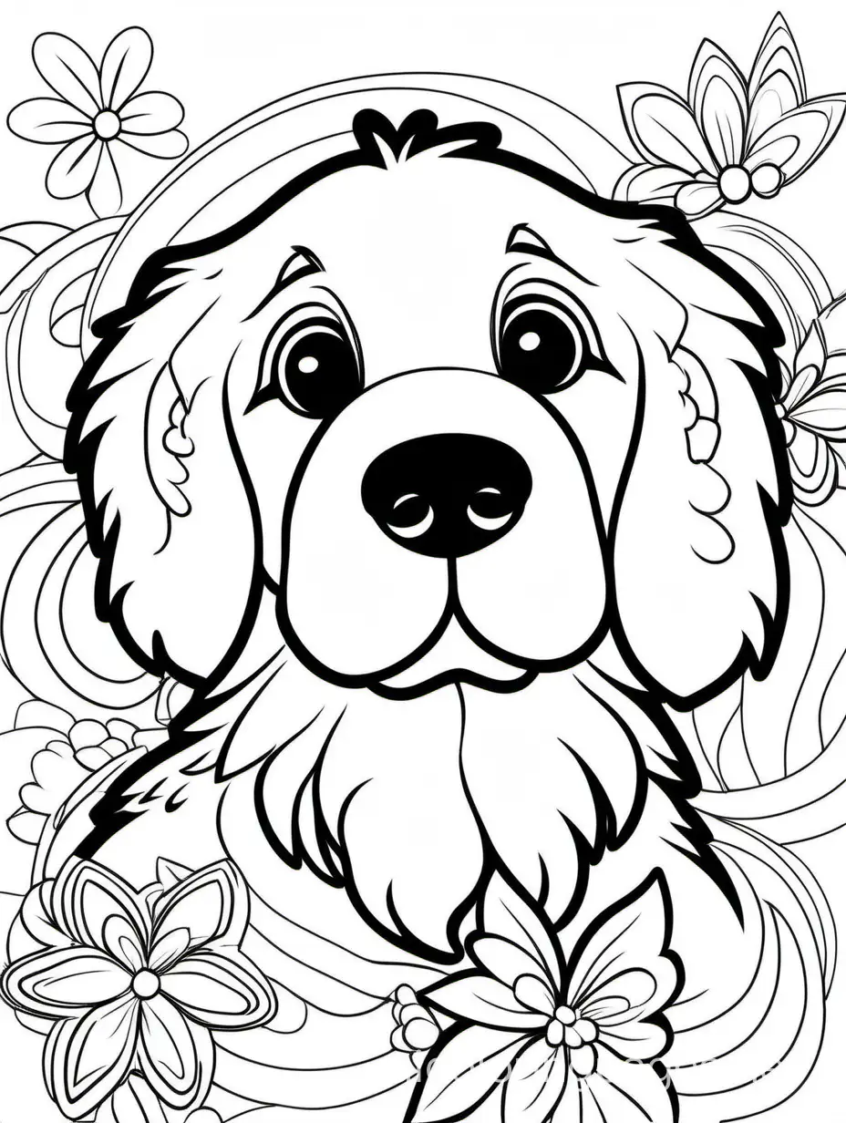 cute Newfoundland dog, Lisa Frank style, Coloring Page, black and white, line art, white background, Simplicity, Ample White Space. The background of the coloring page is plain white to make it easy for young children to color within the lines. The outlines of all the subjects are easy to distinguish, making it simple for kids to color without too much difficulty., Coloring Page, black and white, line art, white background, Simplicity, Ample White Space. The background of the coloring page is plain white to make it easy for young children to color within the lines. The outlines of all the subjects are easy to distinguish, making it simple for kids to color without too much difficulty