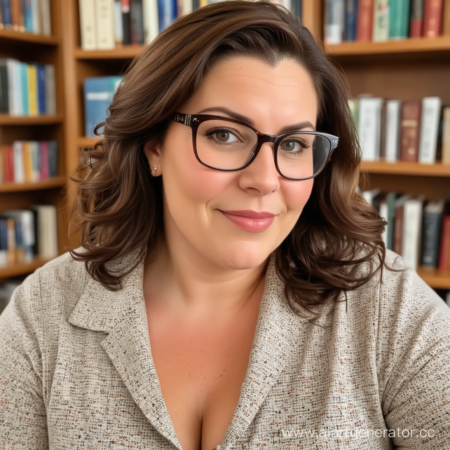 Middle aged BBW brunette librarian Mom wearing glasses