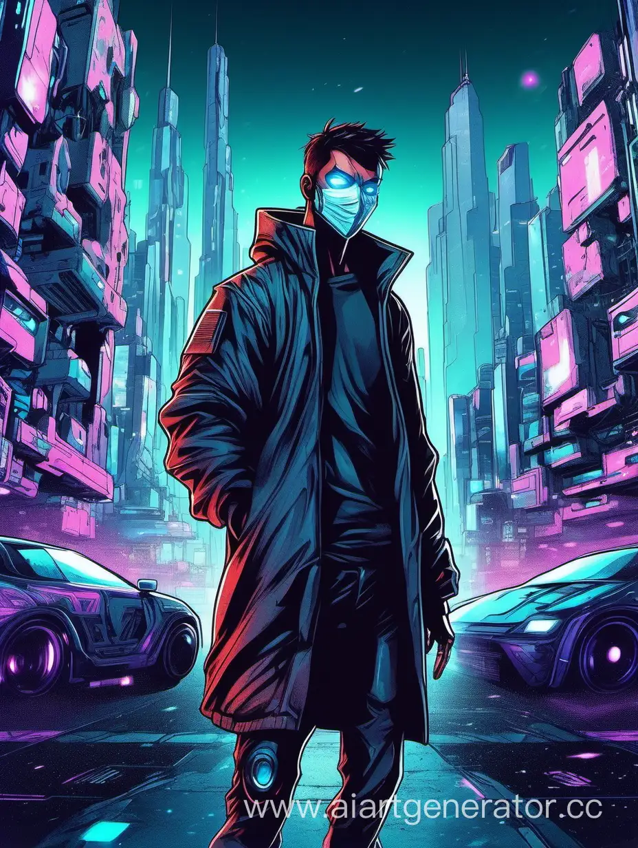 Futuristic-Cyberpunk-Cityscape-with-Masked-Figure-and-Heterochromia