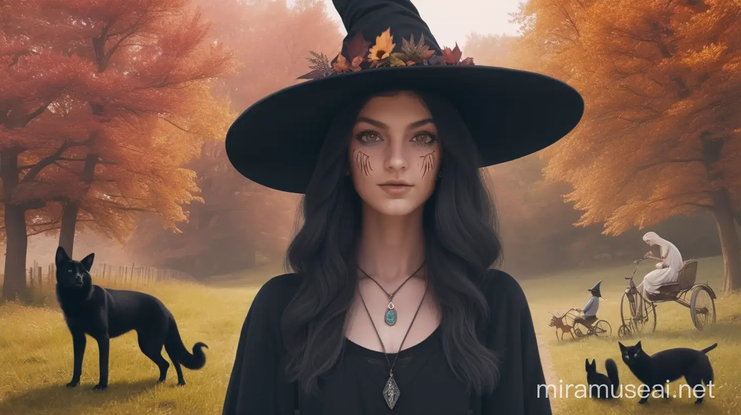  Generate an image of a Polyamorous Witch surrounded by nature and her polycule