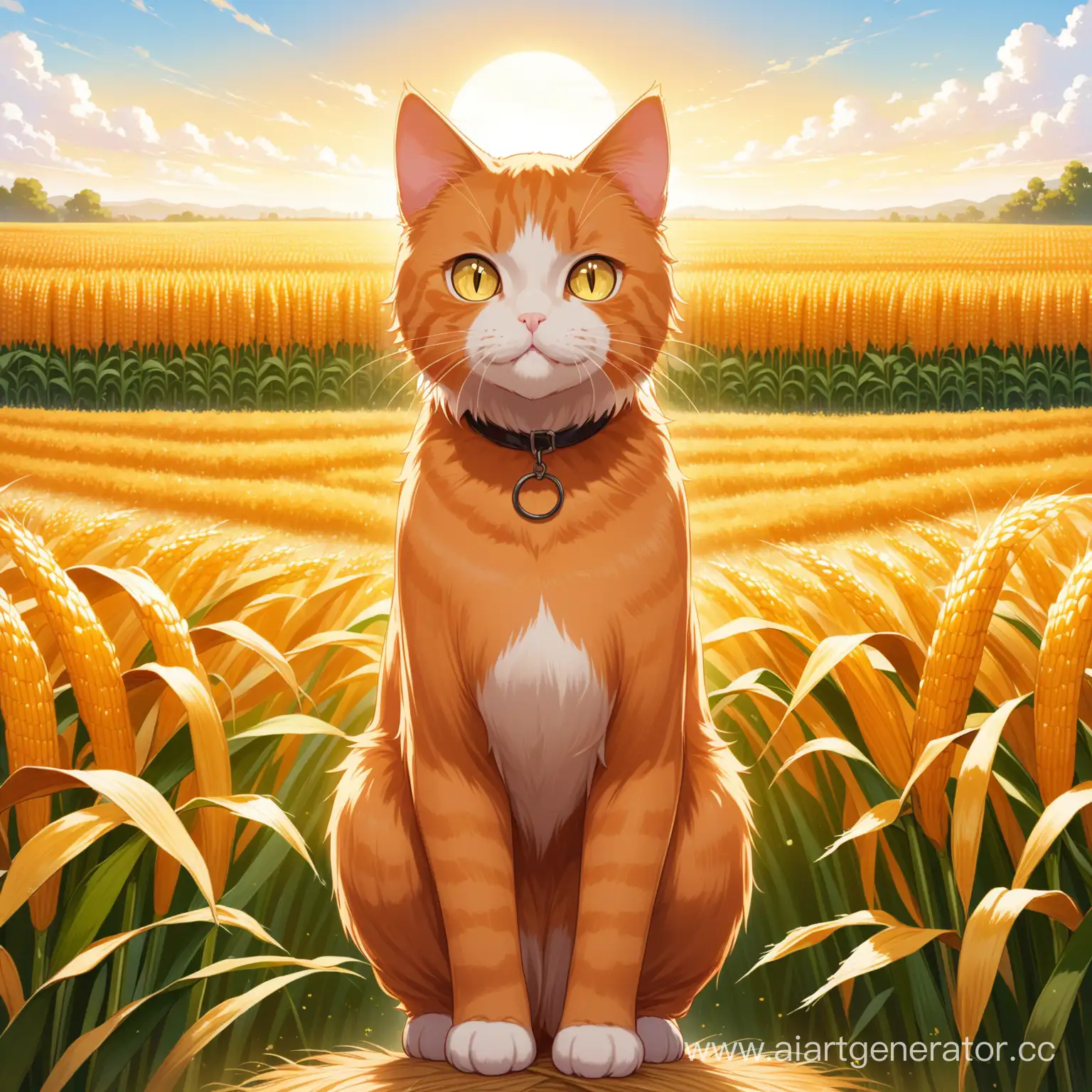 рыжий кот с желтыми глазами стоит перед высоким кукурузным полем