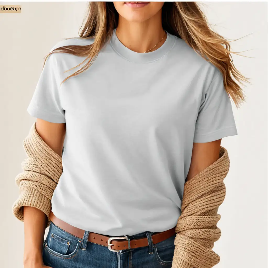 realistic blonde woman wearing ash grey heather bella canvas 3001 t-shirt mockup, with thick brown knitted cardigan, cowboy hat, simple desert background