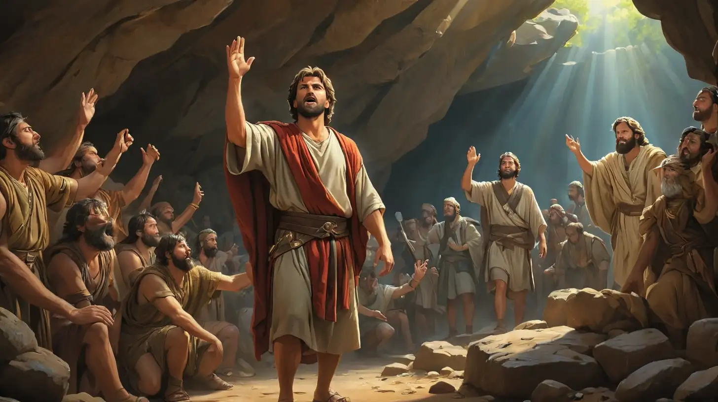 

show the moment of Daniel's deliverance from the cave and the king's recognition of God's power. Capture the king's relief and amazement, Daniel emerging unharmed, and the king acknowledging the greatness of Daniel's God."