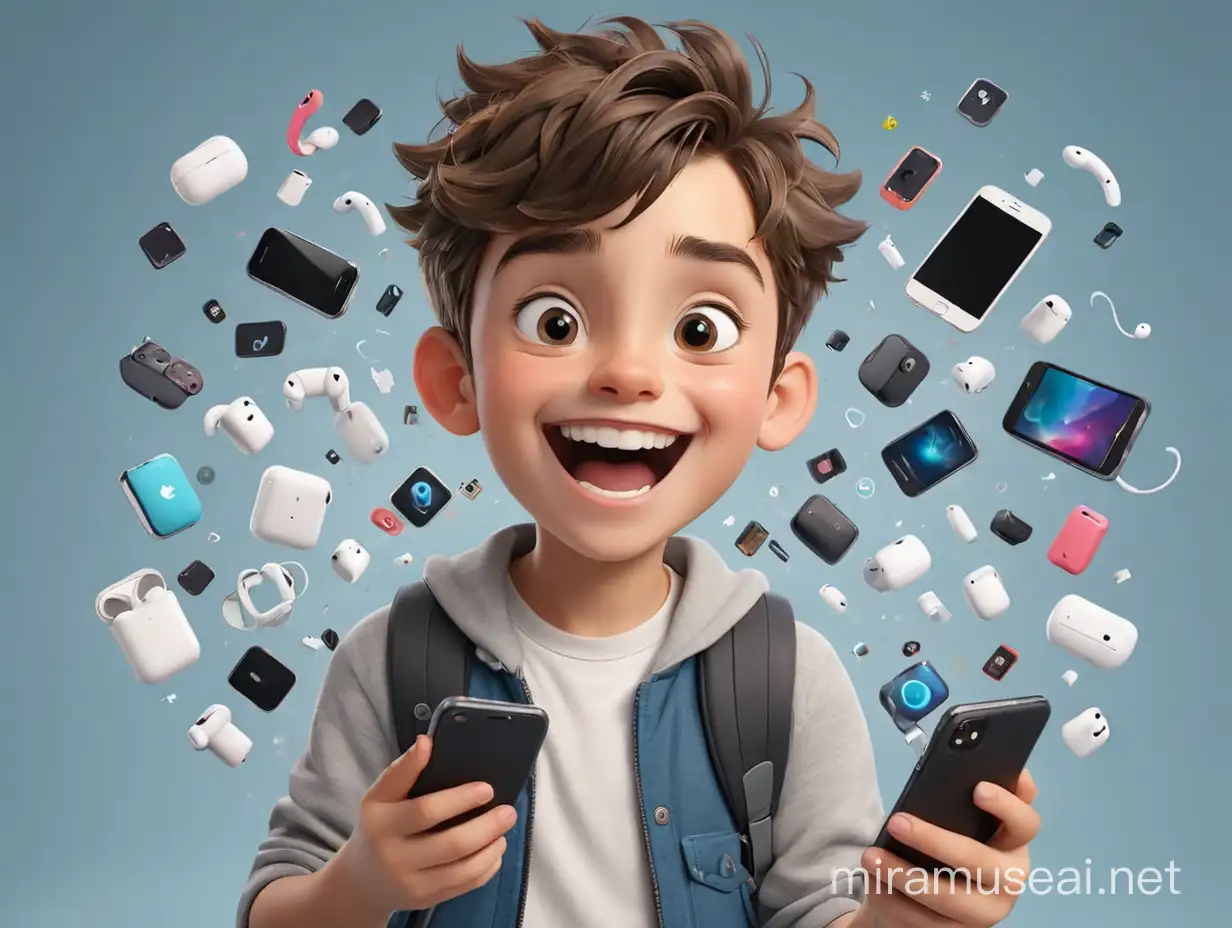 3D happy kid with a handful of digital gadgets such as mobile phones, iPhones, smartphones, headsets, AirPods, Bluetooth speakers, and neckbands.