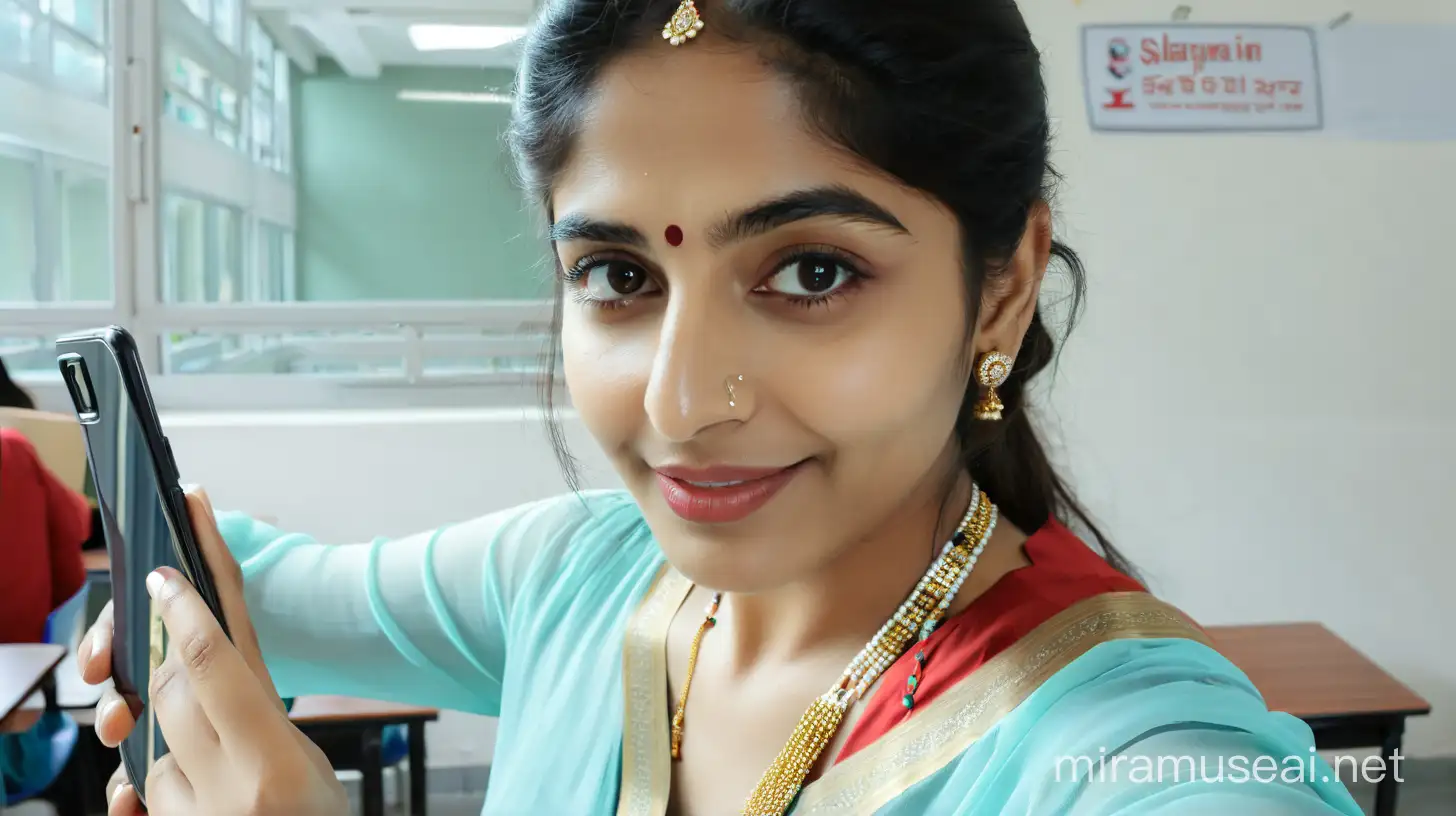 Realistic Indian 23 year old girl taking selfies in classroom 