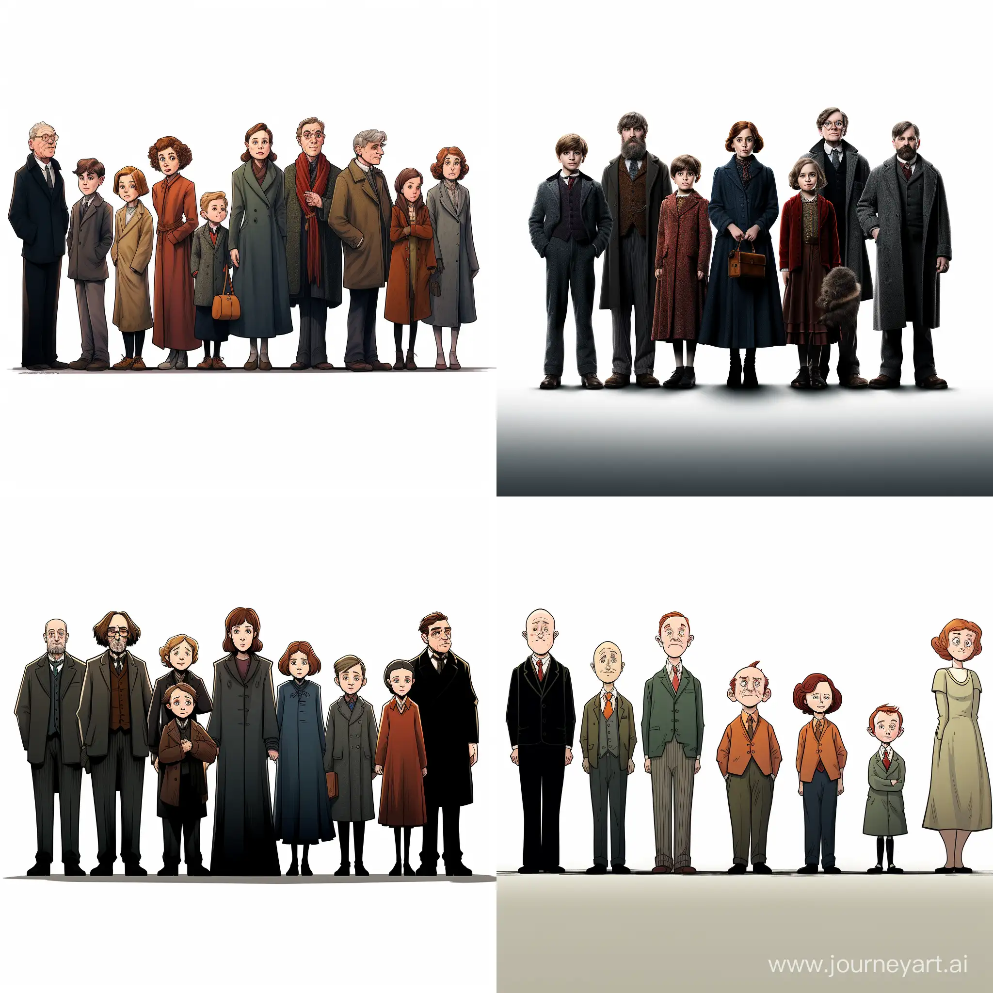 The full-length figures stand apart from each other at a distance:
A young Emma Watson as Hermione; Fiona Shaw as Petunia Dursle; Richard Griffiths as Vernon Dursle,
Rafe Fiennes as Voldemort, Rupert Grint as Ron Weasley Against a white background, cartoon style.