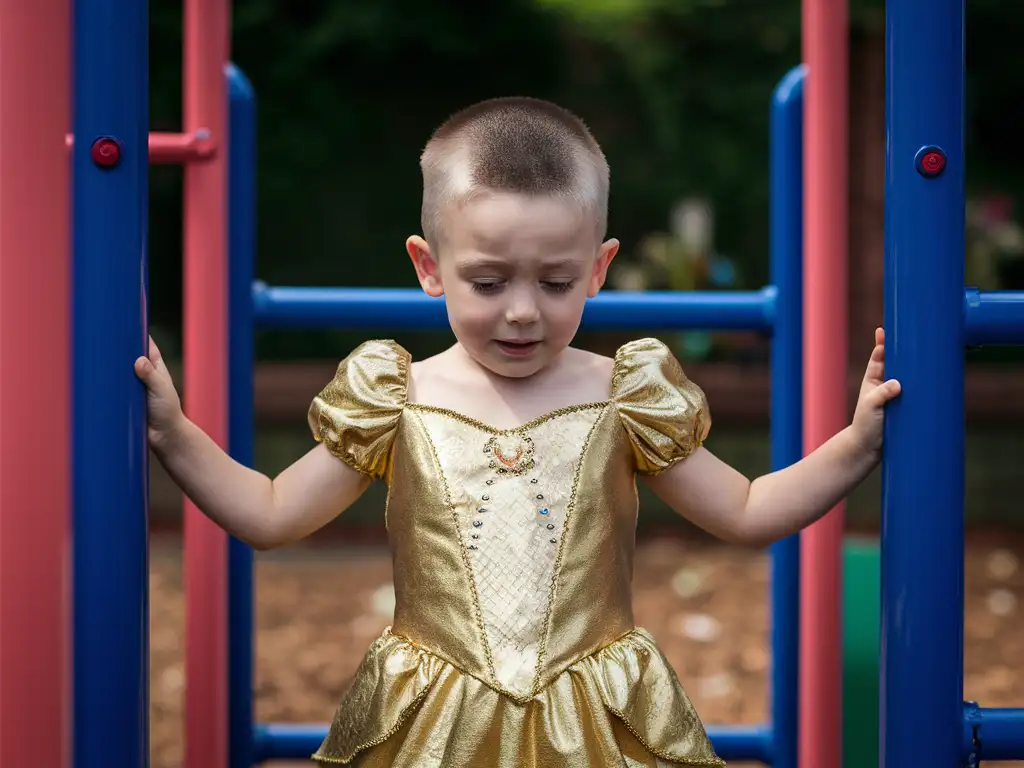 A cute young boy, full-body, facing the camera, able to see the facial features and short smart hair shaved on the sides, bravely transforms into a golden Disney Princess for World Book Day standing in the playground, the boy is disheartened that his so-called friends are bullying him, photograph style