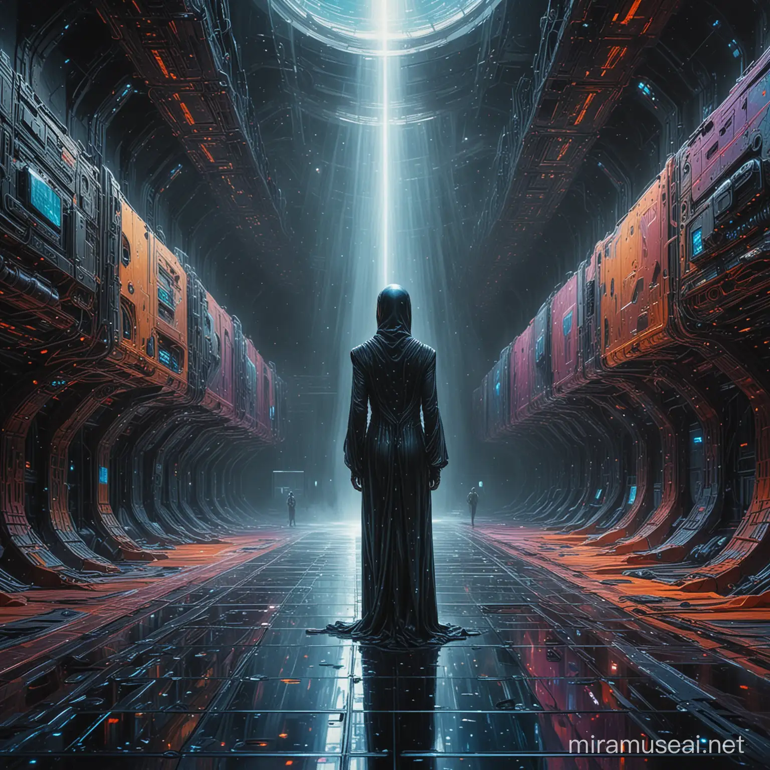 Enigmatic Figure in Alien Starship Hangar Amidst Shimmering Holographic Displays